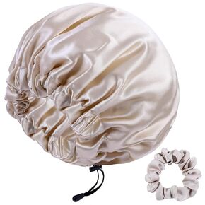 22 Momme 100% Mulberry Silk Bonnet Hair Wrap for Sleeping, Adjustable Silk Scrunchies Sleep Cap for Women Men Hair Care, Head Scarf Night Caps with Elastic Stay On Head, 1Pc(Black,Black)