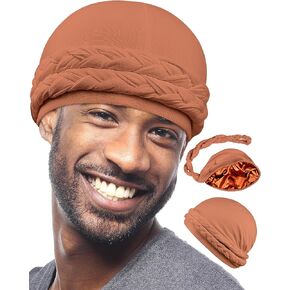 Babalet Halo Turban for Men Women Satin Lined Durag Skull Cap Pre-Tied Handmade Braids Tail Beanie Sleeping Bonnet,White in Kuwait