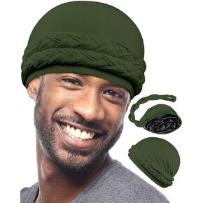 Babalet Halo Turban for Men Women Satin Lined Durag Skull Cap Pre-Tied Handmade Braids Tail Beanie Sleeping Bonnet,White