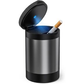 Car Ashtray with Lid,Smokeless Ashtray for Cup Holder Smell Proof,Detachable Stainless Steel Car Ash Tray with LED Auto Light, for Most Car, Office, Home (Grey)