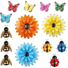 14pcs Metal Wall Decoration, 3 Flowers, 5 Butterflies, 3 Bees, 3 Ladybugs Colorful DIY Wall Decor Hanging Garden Fence Art for Indoor Outdoor Patio Yard Home Farmhouse, Gift for Family Friend