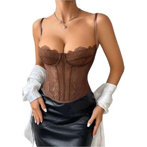 OYOANGLE Women's Lace Corset Tops Boned Spaghetti Straps Bustier Party Cami Tops