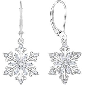 Snowflake Earrings for Women 925 Sterling Silver Dangle Drop Earrings White/Blue Cubic Zirconia Winter Frozen Flower Earring Christmas Jewelry
