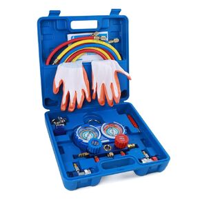 AC Manifold Gauge Set-COPACHI AC Diagnostic Manifold Gauge Set with 5FT Hoses Adapter, 1/4" Hose Connectors, AC Gauges Set, R134A R12 R22 R502 Refrigerant, Blue Case