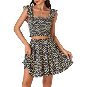 LYANER Women's 2 Piece Outfits Flora Print Smocked Cami Crop Top and Mini Skirt Set