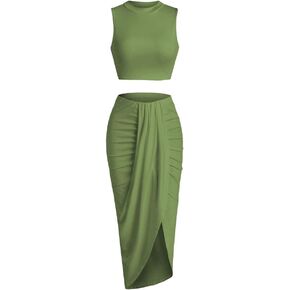 ZAFUL Women's Casual Sleeveless Summer Two Piece Outfits Crop Top and Side Split Draped Ruched Maxi Skirt Set Solid Suiting