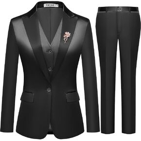Women's 3 Pieces Satin Suit Black Peak Lapel Fashion Outfits Casual Party Wedding Blazer Jacket Vest Pants Set