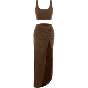 ZAFUL المرأة عارضة أكمام الصيف الصلبة Marled المحاصيل أعلى وثنيات Ruched تنورة ماكسي مجموعة قطعتين اللباس in Saudi Arabia