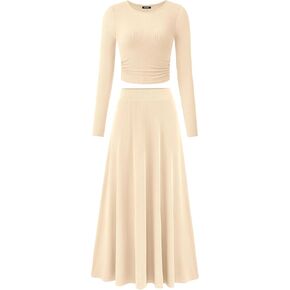 BTFBM Two Piece Skirt Sets For Women 2024 Trendy Fall Outfits Ribbed Knit Long Sleeve Crop Top Flowy Maxi Skirt Set