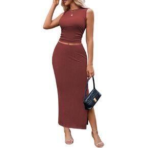 Pink Queen Women's 2 Piece Summer Outfits 2025 Sleeveless Ruched Tank Top Bodycon Slit Ribbed Maxi Skirt Vacation Dress Set