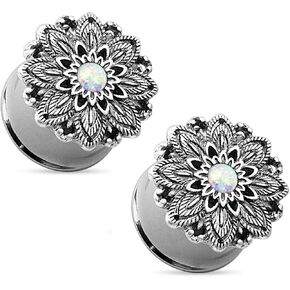 Pierced Owl - Antique Silver Plated Stainless Steel Opal Centered Lotus Flower Top Double Flared Plug Gauges, Sold as a Pair