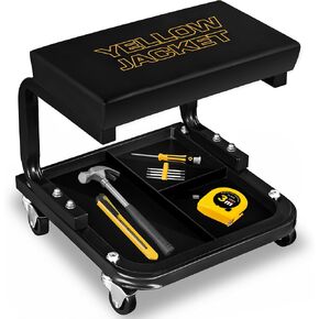 YELLOW JACKET Rolling Mechanic Stool with Wheels Pneumatic Garage Shop Seat Adjustable Height Roller Mechanics Creeper Chair with Tool Tray for Auto Repair