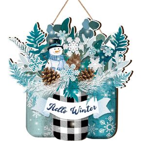 Hello Winter Door Sign Snowman Blue White Front Door Decor Winter Wood Hanging Door Sign Farmhouse Hanging Plaque for Rustic Porch Outdoor Door Decor