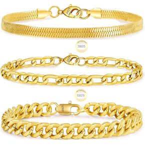 WEDDINEN 3 Pc Chain Bracelet for Men Women, S925 Sterling Silver Cuban Herringbone Figaro Link Chain Wrist Bracelets Set Jewelry Gifts, 6/6.7/7.5/8.3/9.0 Inches