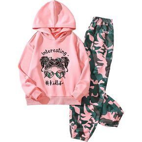 Girls Letter Graphic Long Sleeve Hoodie Sweatshirt Drop Shoulder Cute Pullover and Camouflage Army Sweatpants