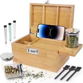 Large Black Bamboo Box with Combination Lock, Decorative Storage Box with Detachable Compartment, Wooden Box with Alright Jars & Brushes & Storage Tubes as Great Gift Choice.