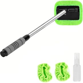 Windshield Cleaning Tool - Extendable Handle Car Window Cleaner with 3 Reusable Cloth Pads, Auto Glass Wiper Kit for Interior & Exterior, Ideal for Dirty Car Windows