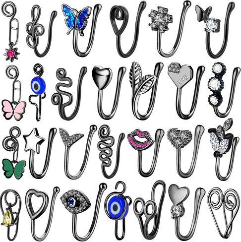 SEENI Fake Nose Ring Ear Cuff Clip on Helix Cartilage Earring Non Piercing Faux Nose Cuffs for Non Pierced Nose Fake Septum Nose Rings (27pcs Black style 1) in Kuwait