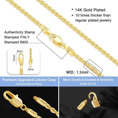 Jewlpire Italian 14K Real Gold Over 925 Sterling Silver Chain Necklace for Women Men, 1.5mm Rope Chain Dainty & Sturdy Women's Chain Necklaces 16 18 20 22 24 26 Inch in Kuwait