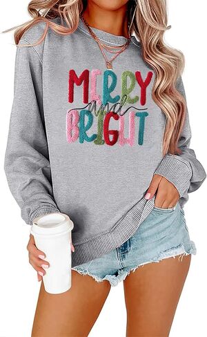 Merry Christmas Sweatshirts Women Merry And Bright Christmas Pullover Top Chenille Patch Letter Printed Xmas Gifts Top in Saudi Arabia