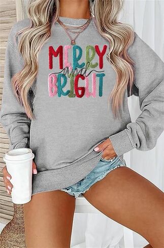 Merry Christmas Sweatshirts Women Merry And Bright Christmas Pullover Top Chenille Patch Letter Printed Xmas Gifts Top in Saudi Arabia
