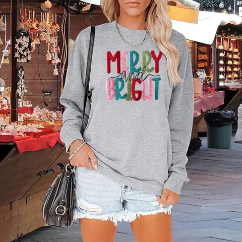 Merry Christmas Sweatshirts Women Merry And Bright Christmas Pullover Top Chenille Patch Letter Printed Xmas Gifts Top in Saudi Arabia