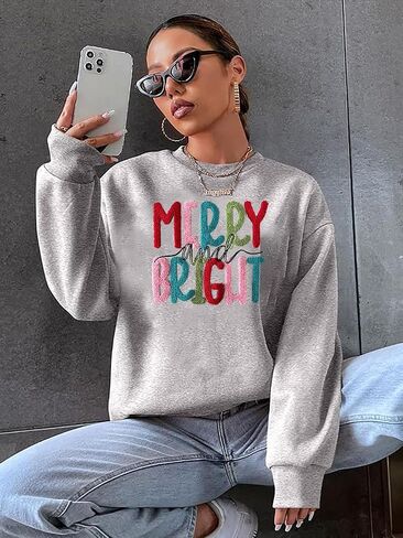 Merry Christmas Sweatshirts Women Merry And Bright Christmas Pullover Top Chenille Patch Letter Printed Xmas Gifts Top in Saudi Arabia