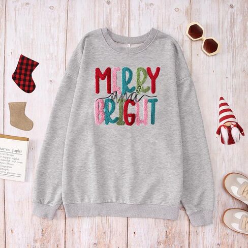 Merry Christmas Sweatshirts Women Merry And Bright Christmas Pullover Top Chenille Patch Letter Printed Xmas Gifts Top in Saudi Arabia