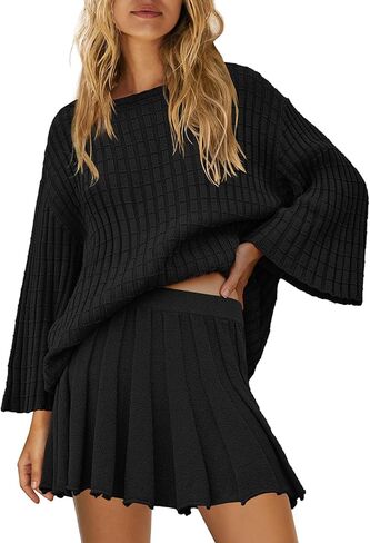 SENSERISE Womens Sweater Skirt Set 2 Piece Outfits Long Sleeve Pullover Top Ribbed Knit Lounge Dresses in Kuwait