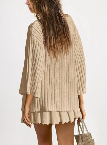SENSERISE Womens Sweater Skirt Set 2 Piece Outfits Long Sleeve Pullover Top Ribbed Knit Lounge Dresses in Kuwait