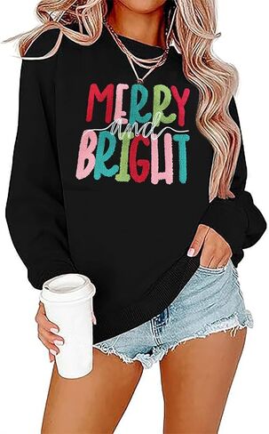 Merry Christmas Sweatshirts Women Merry And Bright Christmas Pullover Top Chenille Patch Letter Printed Xmas Gifts Top in Saudi Arabia