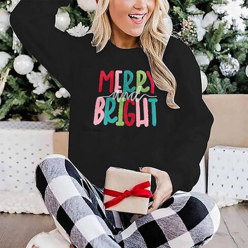 Merry Christmas Sweatshirts Women Merry And Bright Christmas Pullover Top Chenille Patch Letter Printed Xmas Gifts Top in Saudi Arabia