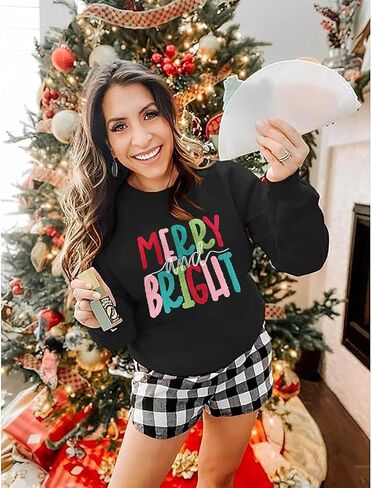 Merry Christmas Sweatshirts Women Merry And Bright Christmas Pullover Top Chenille Patch Letter Printed Xmas Gifts Top in Saudi Arabia