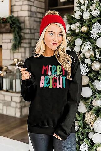 Merry Christmas Sweatshirts Women Merry And Bright Christmas Pullover Top Chenille Patch Letter Printed Xmas Gifts Top in Saudi Arabia