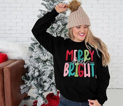 Merry Christmas Sweatshirts Women Merry And Bright Christmas Pullover Top Chenille Patch Letter Printed Xmas Gifts Top in Saudi Arabia