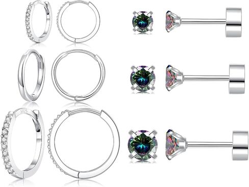 6 Pairs Sterling Silver Earrings Sets for Multiple Piercing Small Silver Huggie Hoop Earrings Flat Back Surgical Steel Tiny CZ Stud Earrings for Women Trendy Cartilage Hypoallergenic in Saudi Arabia