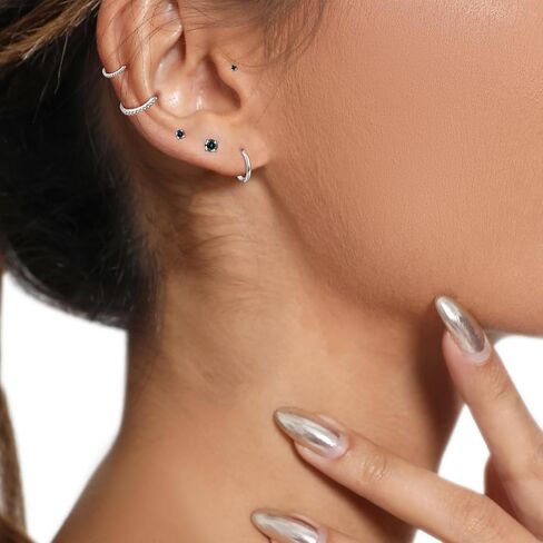 6 Pairs Sterling Silver Earrings Sets for Multiple Piercing Small Silver Huggie Hoop Earrings Flat Back Surgical Steel Tiny CZ Stud Earrings for Women Trendy Cartilage Hypoallergenic in Saudi Arabia