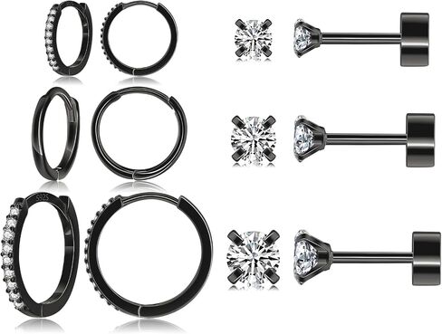 6 Pairs Sterling Silver Earrings Sets for Multiple Piercing Small Silver Huggie Hoop Earrings Flat Back Surgical Steel Tiny CZ Stud Earrings for Women Trendy Cartilage Hypoallergenic in Saudi Arabia
