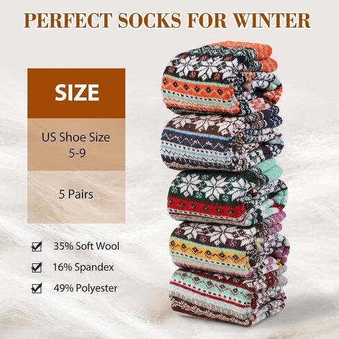 Wool Socks for Women - 5 Pairs Soft Cozy Knit Womens Wool Socks, Winter Warm Wool Socks for Women Men in Saudi Arabia