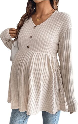 MakeMeChic Women's Maternity Shirt V Neck Long Sleeve Button Rib Knit Peplum Pregnancy Tops in Saudi Arabia