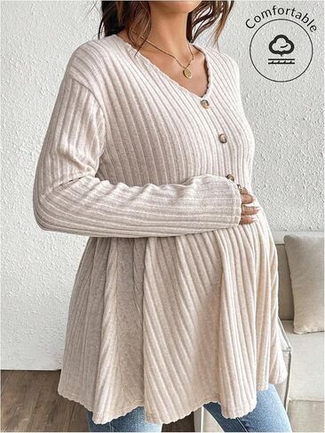 MakeMeChic Women's Maternity Shirt V Neck Long Sleeve Button Rib Knit Peplum Pregnancy Tops in Saudi Arabia