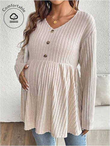 MakeMeChic Women's Maternity Shirt V Neck Long Sleeve Button Rib Knit Peplum Pregnancy Tops in Saudi Arabia
