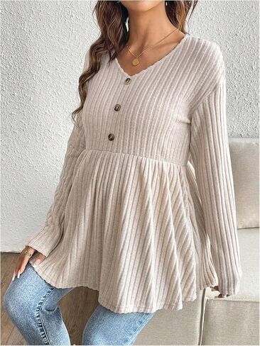 MakeMeChic Women's Maternity Shirt V Neck Long Sleeve Button Rib Knit Peplum Pregnancy Tops in Saudi Arabia