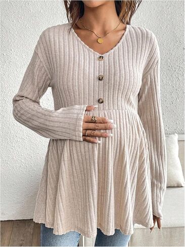 MakeMeChic Women's Maternity Shirt V Neck Long Sleeve Button Rib Knit Peplum Pregnancy Tops in Saudi Arabia