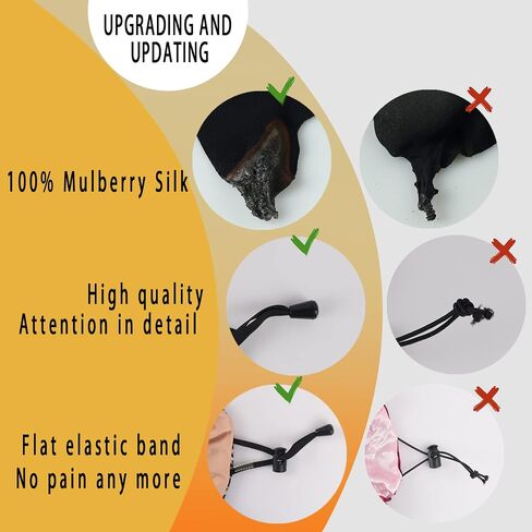 22 Momme 100% غطاء شعر من حرير التوت للنوم، قبعة نوم حريرية قابلة للتعديل للنساء والرجال للعناية بالشعر، قبعات ليلية لوشاح الرأس مع ثبات مرن على الرأس، قطعة واحدة (أسود، أسود) in Saudi Arabia