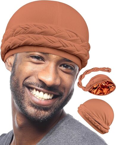 Babalet Halo Turban for Men Women Satin Lined Durag Skull Cap Pre-Tied Handmade Braids Tail Beanie Sleeping Bonnet,White in Kuwait