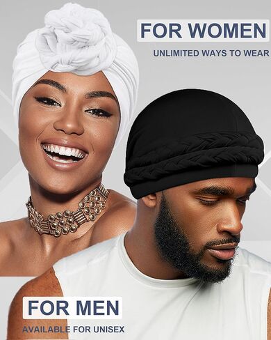 Babalet Halo Turban for Men Women Satin Lined Durag Skull Cap Pre-Tied Handmade Braids Tail Beanie Sleeping Bonnet,White in Kuwait