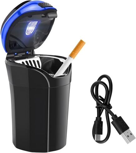 Car Ashtray with Lid, Rechargeable Stainless Auto Ashtray with LED Light Indicator, Portable Smell-Proof Ashtray Cup with Lid & Detachable Cigarette Lighter, Car Accessories (Silver) in Kuwait
