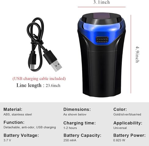 Car Ashtray with Lid, Rechargeable Stainless Auto Ashtray with LED Light Indicator, Portable Smell-Proof Ashtray Cup with Lid & Detachable Cigarette Lighter, Car Accessories (Silver) in Kuwait