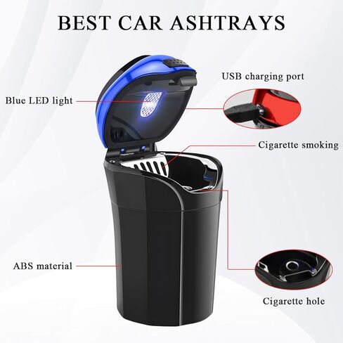 Car Ashtray with Lid, Rechargeable Stainless Auto Ashtray with LED Light Indicator, Portable Smell-Proof Ashtray Cup with Lid & Detachable Cigarette Lighter, Car Accessories (Silver) in Kuwait